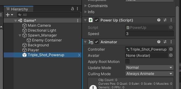 Inspector for GameObject listing new Animation component